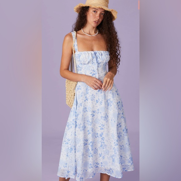 NWT RIHOAS Square Neck Floral Ruched Midi Dress - Picture 1 of 7